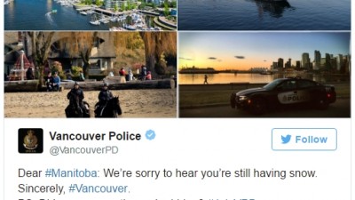 밴쿠버 경찰과 매니토바 경찰 간에 온라인 트위터 공방 중