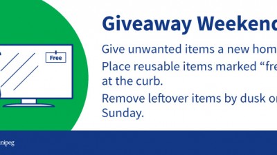 위니펙 주민들은 무료 나눔 주말(giveaway weekend)(9월 10일-11일)을 맞아 원치 않는 물건들을 길가에 놓아두도록 권장돼