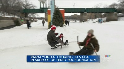 테리 폭스(Terry Fox)에 의해 영감을 받은 장애인 올림픽 하키 스타가 모금을 위해 위니펙에 들려