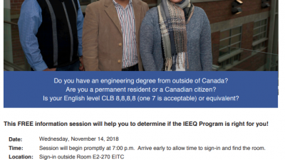Internationally-Educated Engineers Qualification (IEEQ) Program Information Session 알림