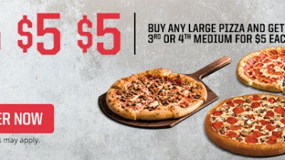 피자 헛(Pizza Hut)의 피자 하나를 사면 다음 중간 크기 3개 피자들은 각각 $5에 판매