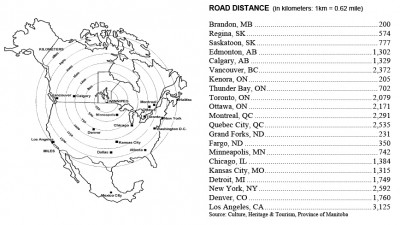 위니펙에서 북미 주요 도시까지의 거리표